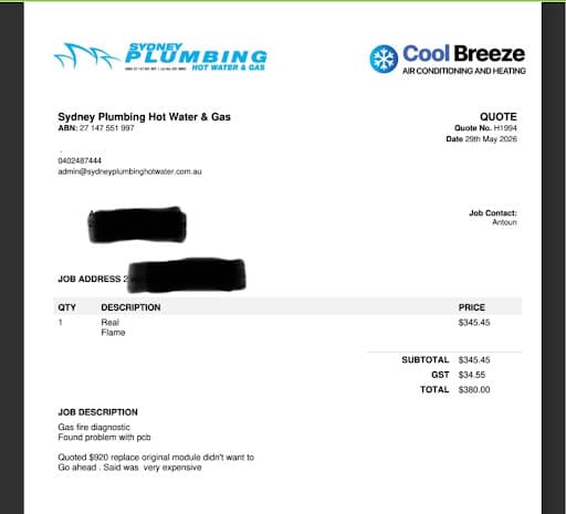 Sydney Plumbing Hot Water Repairs & Gas Heater Service, Replacement and Fireplace Experts — Customer photo